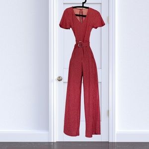 Jumpsuit Wide Leg, Flutter Sleeve, Red Checked S